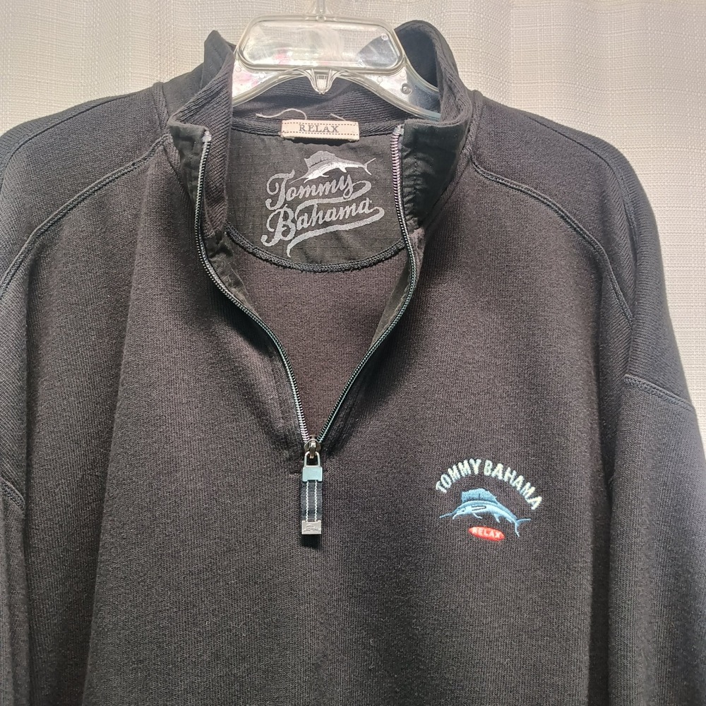 Tommy Bahama Relax Mens XXL Black Cotton Quarter Zip Pullover Marlin Sweatshirt